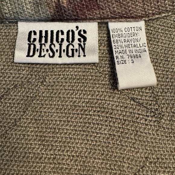 Chico’s Design Floral Cotton Green Jacket Gold Thread Embellished Size Large (2) - Picture 9 of 11